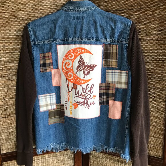 Upcycled Jean Shirt, Size M: Painted Wild Free Moon Graphic, Patchwork Jacket - Picture 9 of 13